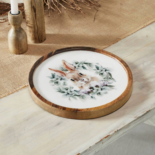 Bunny Hop Wooden Plate Natural w/ Bunny & Wreath 11.5 inch Diameter - The Country Rabbit Gifts & Décor