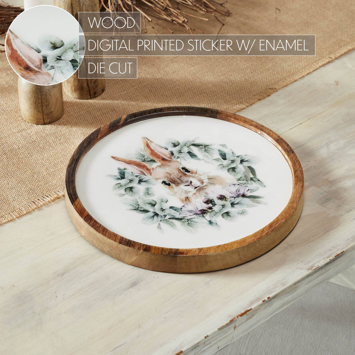 Bunny Hop Wooden Plate Natural w/ Bunny & Wreath 11.5 inch Diameter - The Country Rabbit Gifts & Décor