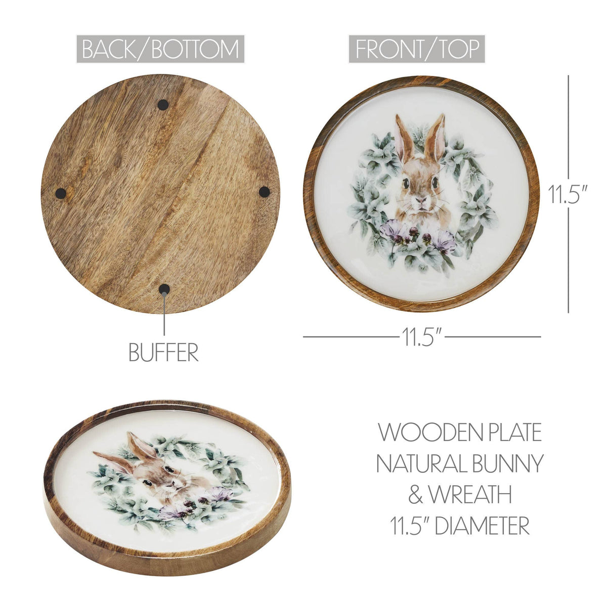 Bunny Hop Wooden Plate Natural w/ Bunny & Wreath 11.5 inch Diameter - The Country Rabbit Gifts & Décor