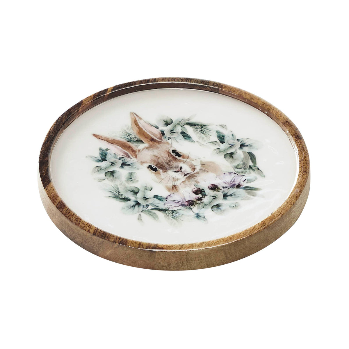 Bunny Hop Wooden Plate Natural w/ Bunny & Wreath 11.5 inch Diameter - The Country Rabbit Gifts & Décor