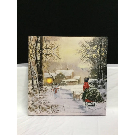 A386  Christmas Print | Boy Bringing Home the Christmas Tree on a Wagon | LED w/Timer | 15" Square