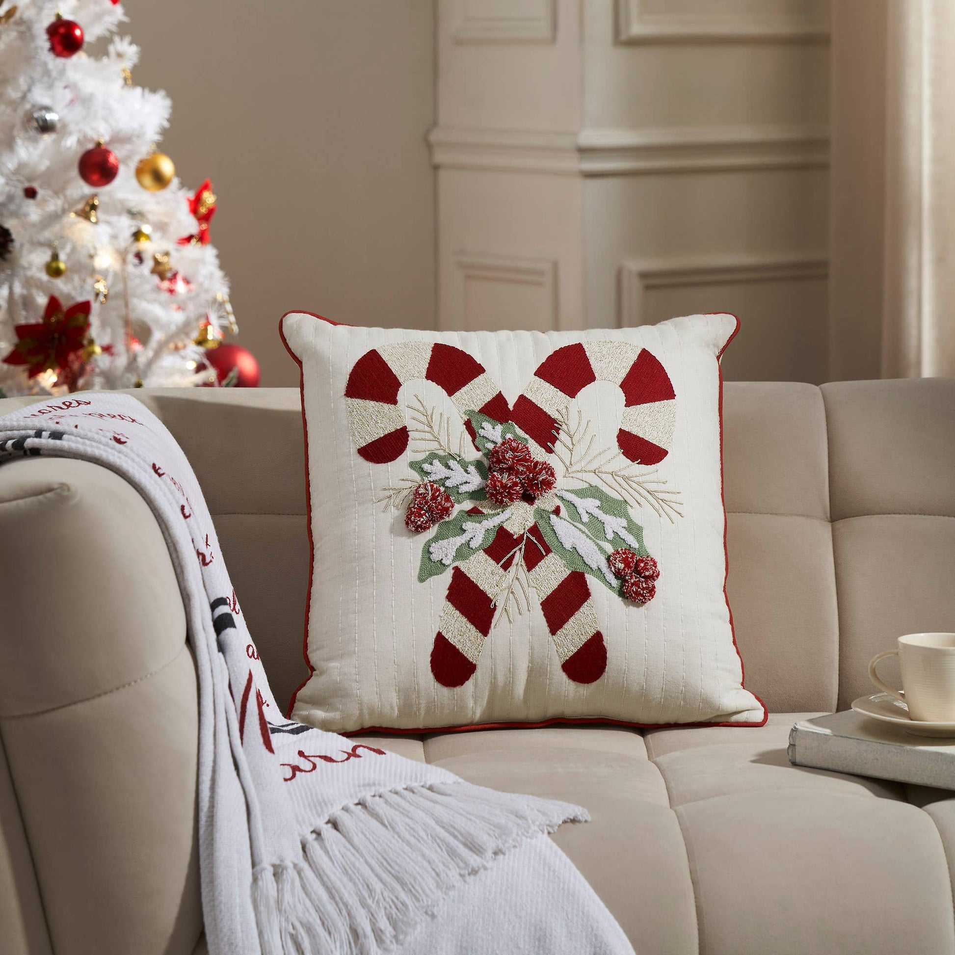 Candy Cane & Holly Pillow 18x18 - The Country Rabbit Gifts & Décor
