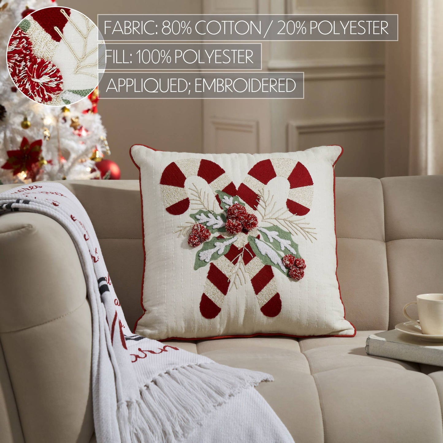 Candy Cane & Holly Pillow 18x18 - The Country Rabbit Gifts & Décor