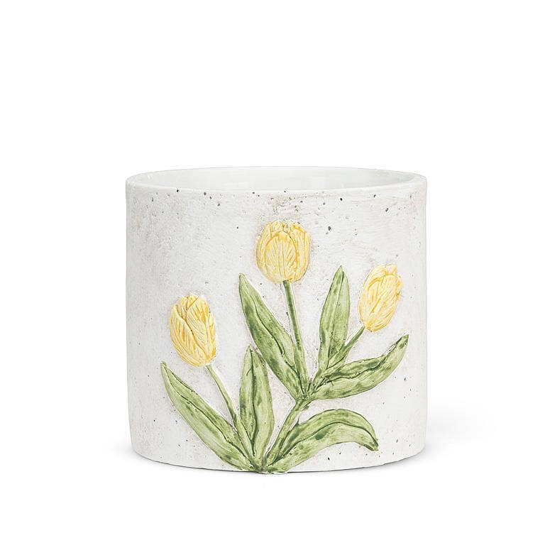 Cement Planter with Decorative Yellow Tulip Design - 6.5 or 4.5 inches Diameter - The Country Rabbit Gifts & Décor