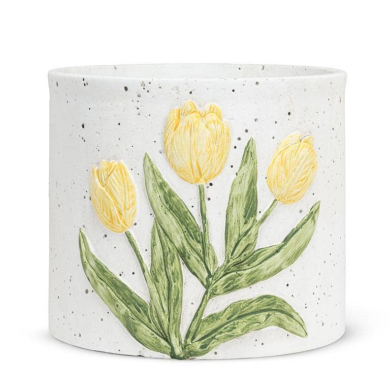 Cement Planter with Decorative Yellow Tulip Design - 6.5 or 4.5 inches Diameter - The Country Rabbit Gifts & Décor