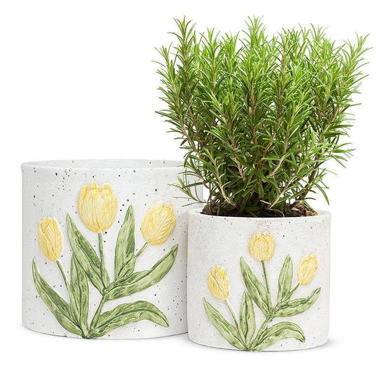 Cement Planter with Decorative Yellow Tulip Design - 6.5 or 4.5 inches Diameter - The Country Rabbit Gifts & Décor