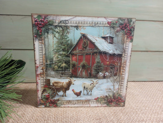 Christmas Barnyard Wood Block Sign - Chicken and Goats - The Country Rabbit Gifts & Décor