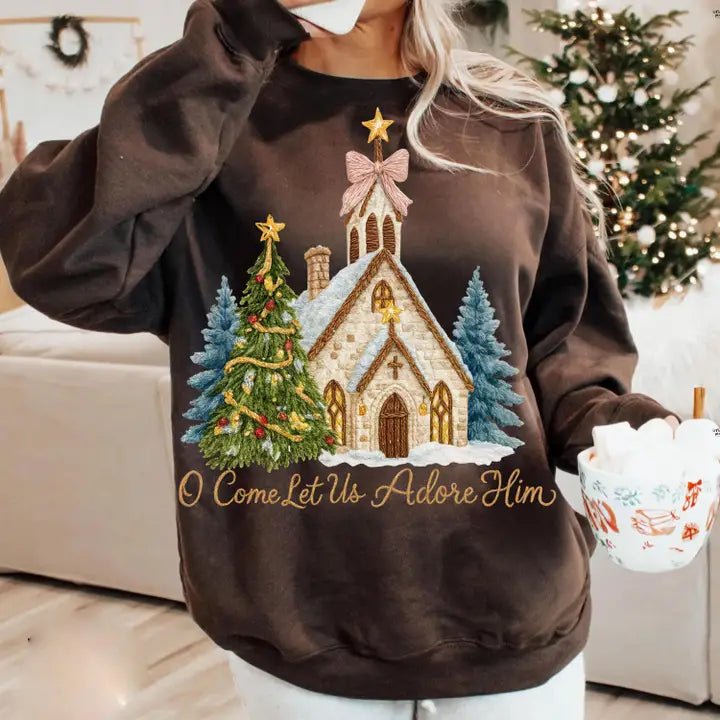 Christmas Church Let Us Adore Him Sweatshirt - The Country Rabbit Gifts & Décor