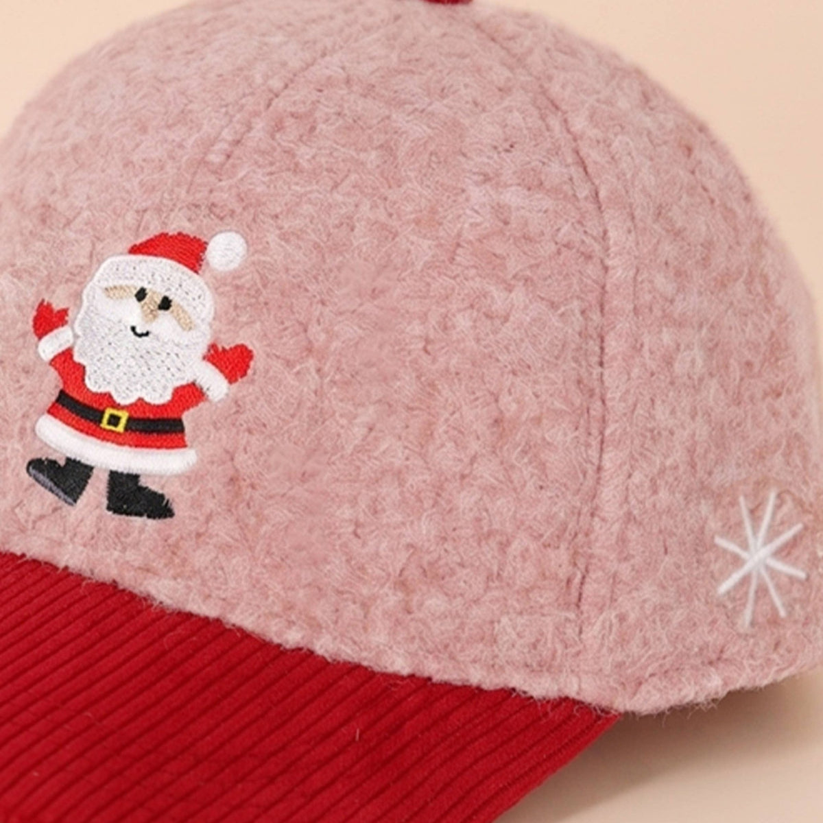 Christmas Santa Claus with Snowflake Side Embroidered on Pink Sherpa Baseball Cap with Red Corduroy Brim - The Country Rabbit Gifts & Décor