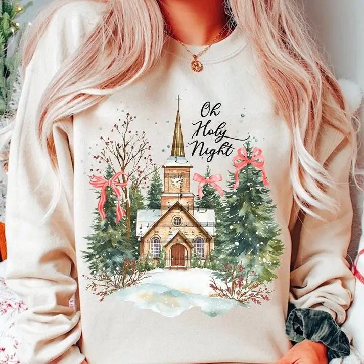 Church Among the Evergreens Oh Holy Night Christmas Sweatshirt - The Country Rabbit Gifts & Décor