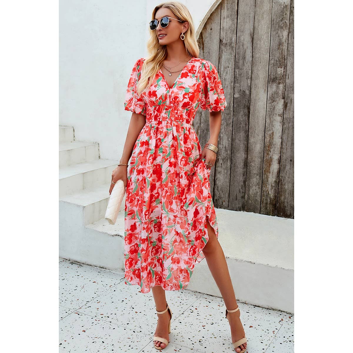 Red Floral Lined Midi Dress  V-neck  Puffed Short Sleeves  Wide Band Elastic Waist Sheer Polyester Material