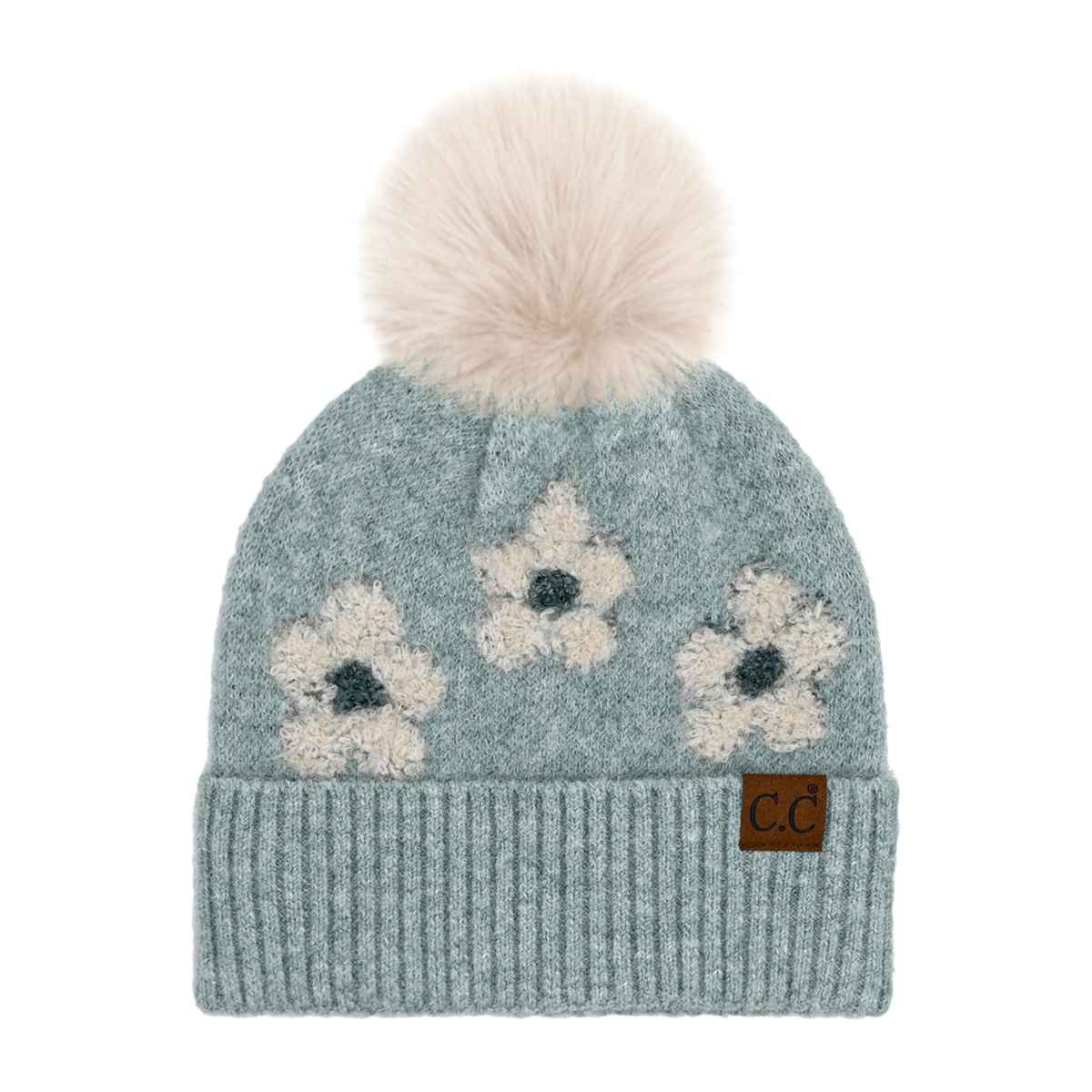 Darla Daisy Contrast Fur Pom Beanie - The Country Rabbit Gifts & Décor