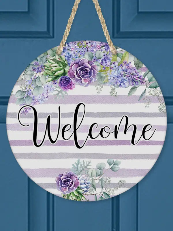 Door Hanger - Welcome - Purple and Blue Flowers on a Purple Stripped Background  - Approximately 12" in Diameter  - USA Made 