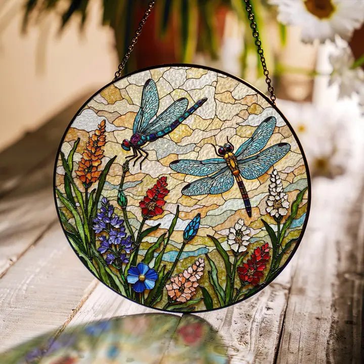 Dragonflies and Wildflowers Round Glass Suncatcher - The Country Rabbit Gifts & Décor