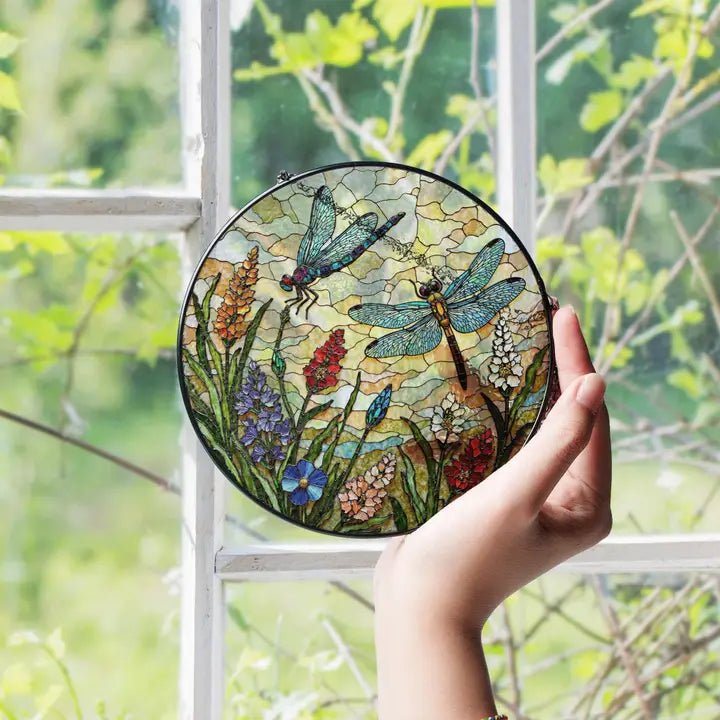 Dragonflies and Wildflowers Round Glass Suncatcher - The Country Rabbit Gifts & Décor
