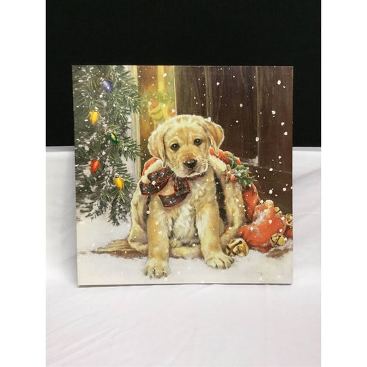 A385  Christmas Print | Puppy Under the Tree | LED w/Timer | 15" Square