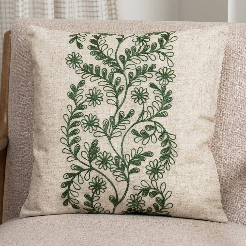 Embroidered Pillow Green Vine Design on Linen Look Polyester 18 Inches Square - The Country Rabbit Gifts & Décor