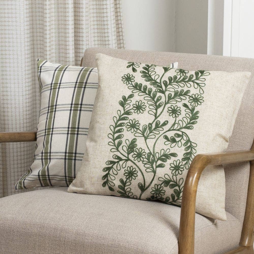 Embroidered Pillow Green Vine Design on Linen Look Polyester 18 Inches Square - The Country Rabbit Gifts & Décor