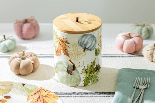 Fall Pumpkins with Leaves Canister with Bamboo Lid 1.9 Quart - The Country Rabbit Gifts & Décor