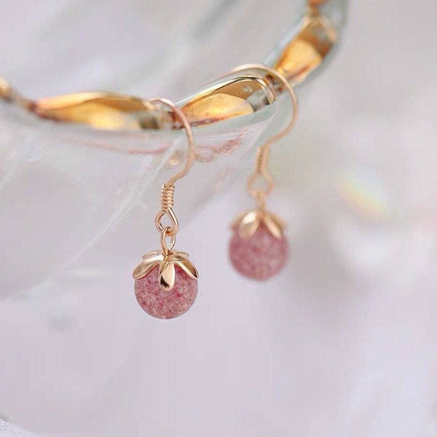 Flower Cap 8mm Natural Strawberry Quartz Healing Gemstone Crystal Hypoallergenic Dangle Earrings 18K Gold Plated or S925 - The Country Rabbit Gifts & Décor
