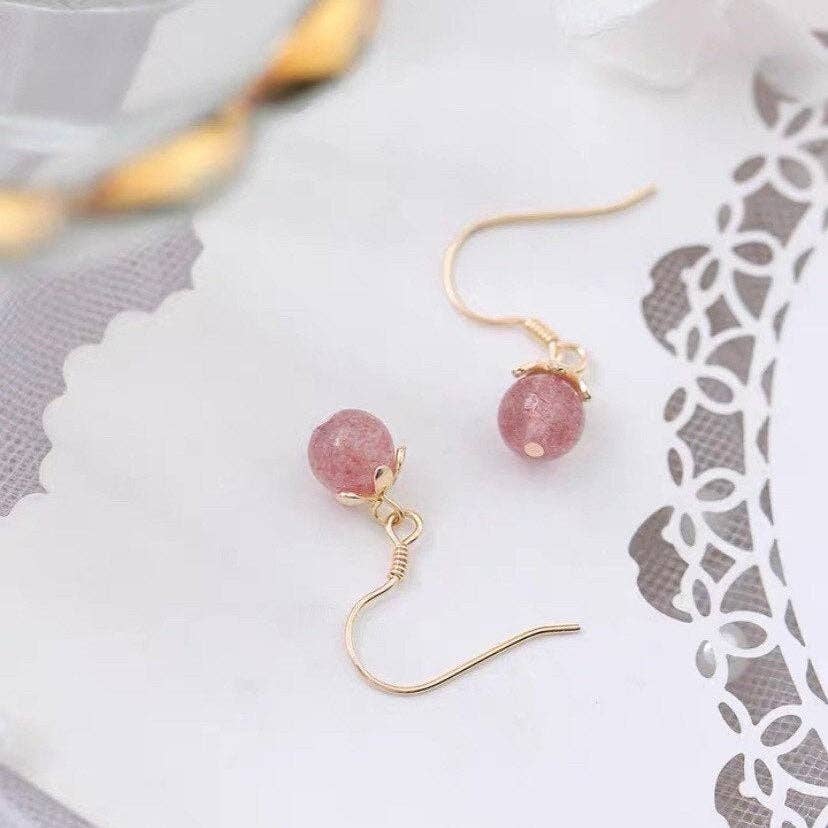 Flower Cap 8mm Natural Strawberry Quartz Healing Gemstone Crystal Hypoallergenic Dangle Earrings 18K Gold Plated or S925 - The Country Rabbit Gifts & Décor
