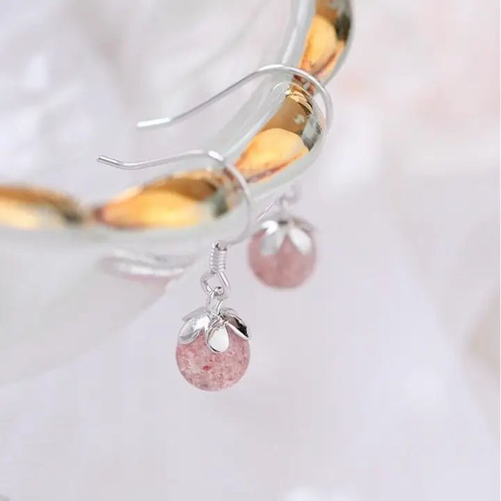 Flower Cap 8mm Natural Strawberry Quartz Healing Gemstone Crystal Hypoallergenic Dangle Earrings 18K Gold Plated or S925 - The Country Rabbit Gifts & Décor