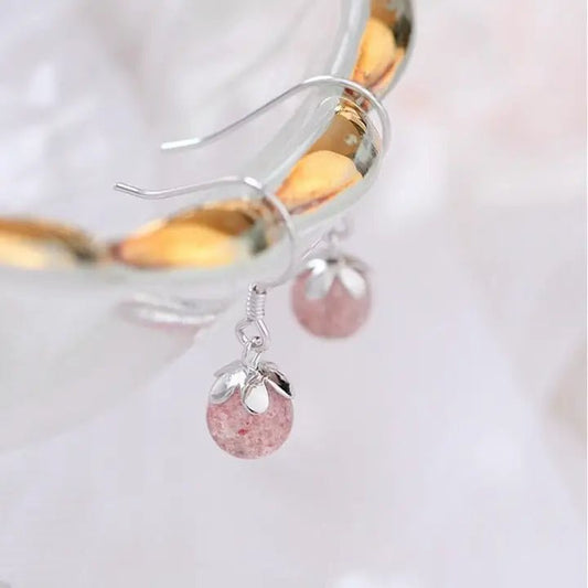 Flower Cap 8mm Natural Strawberry Quartz Healing Gemstone Crystal Hypoallergenic Dangle Earrings 18K Gold Plated or S925 - The Country Rabbit Gifts & Décor