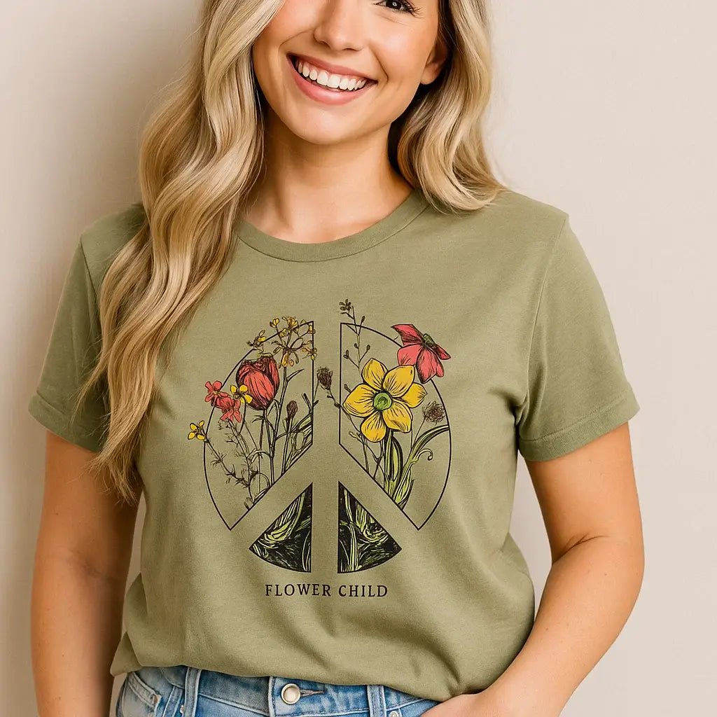 Flower Child T-Shirt, Peace, Floral, Casual, Graphic Tee - The Country Rabbit Gifts & Décor
