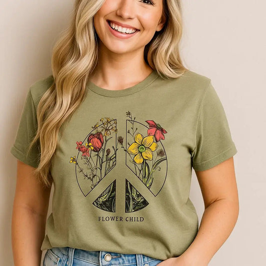 Flower Child T-Shirt, Peace, Floral, Casual, Graphic Tee - The Country Rabbit Gifts & Décor