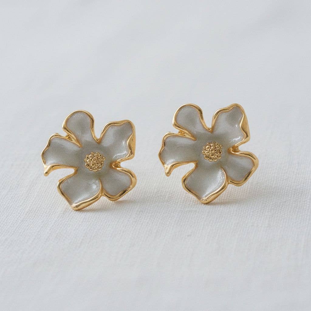 French Enamel Gardenia Stud Earrings - The Country Rabbit Gifts & Décor