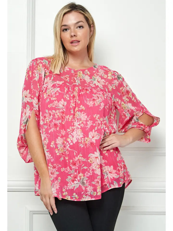 A233  Blouse - Fuchsia Floral - Front and Back Yoke