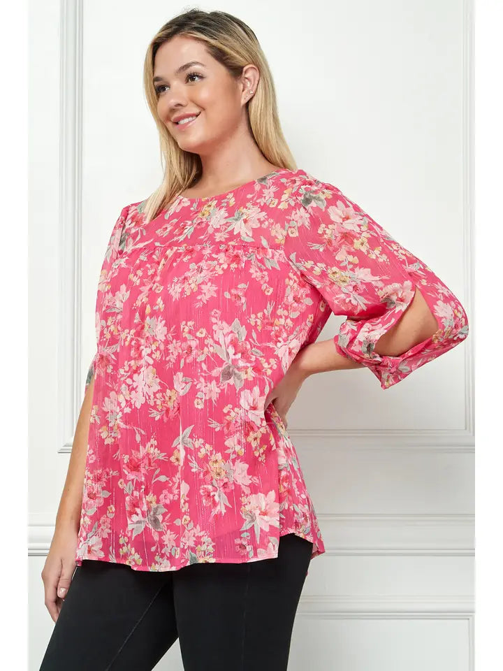 A233  Blouse - Fuchsia Floral - Front and Back Yoke