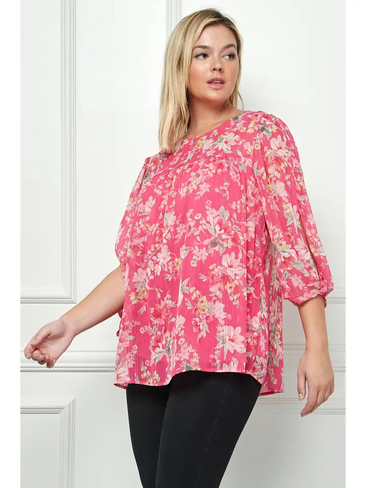 A233  Blouse - Fuchsia Floral - Front and Back Yoke