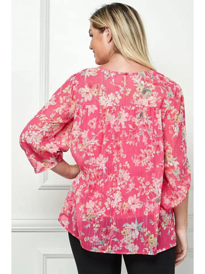 A233  Blouse - Fuchsia Floral - Front and Back Yoke