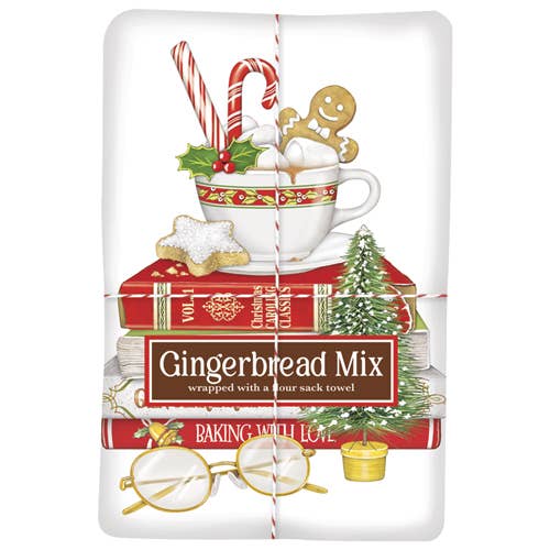 Gingerbread Cake Mix & Christmas Book Stack Design Flour Sack Dish Towel Set - The Country Rabbit Gifts & Décor