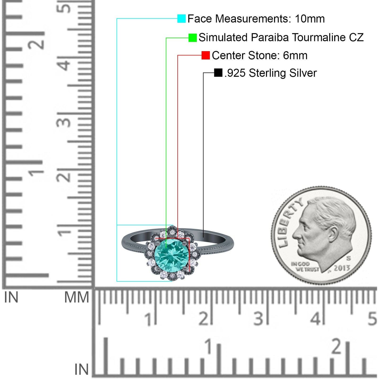 Halo Floral Style Art Deco Round Black Tone, Simulated Paraiba Tourmaline CZ Ring - The Country Rabbit Gifts & Décor