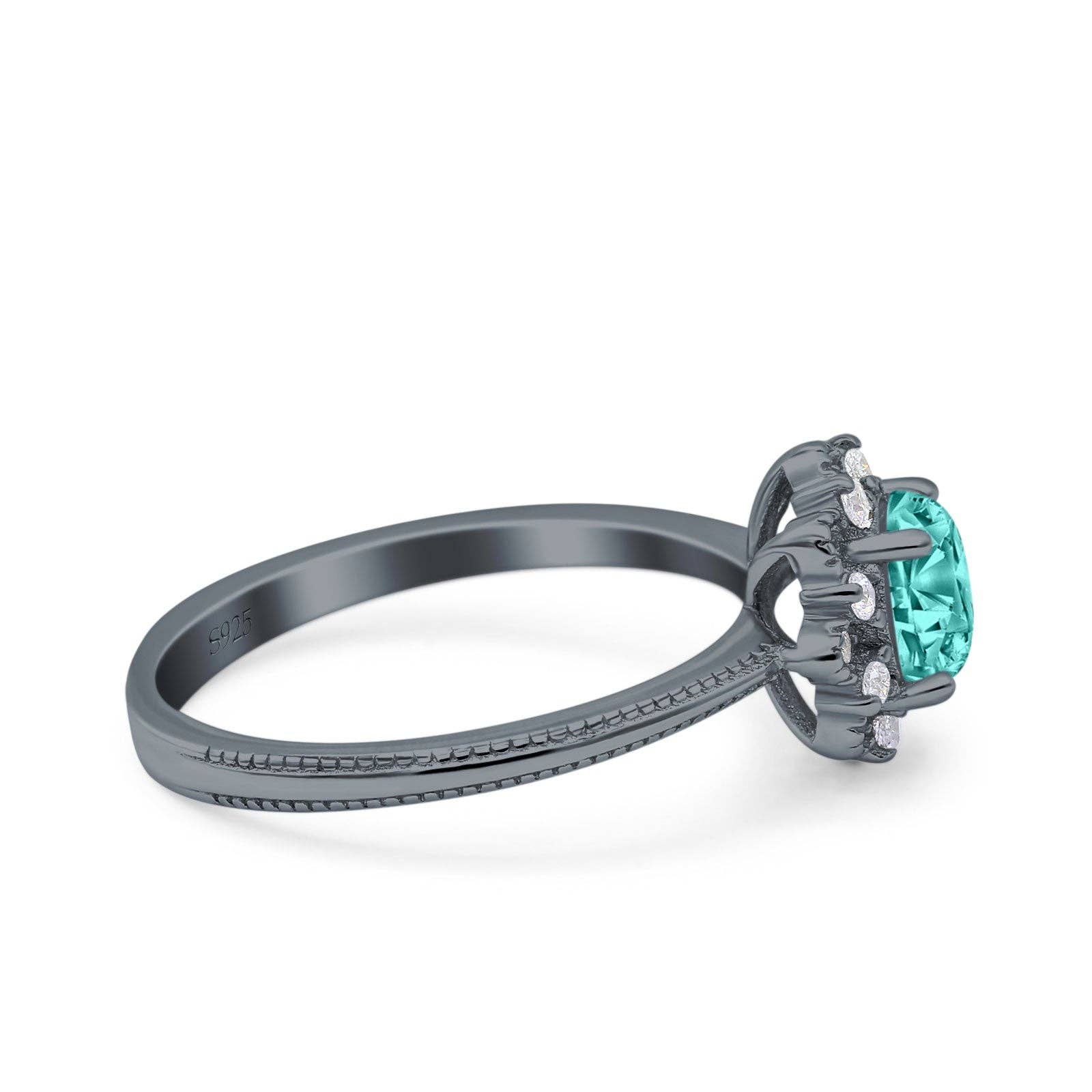 Halo Floral Style Art Deco Round Black Tone, Simulated Paraiba Tourmaline CZ Ring - The Country Rabbit Gifts & Décor