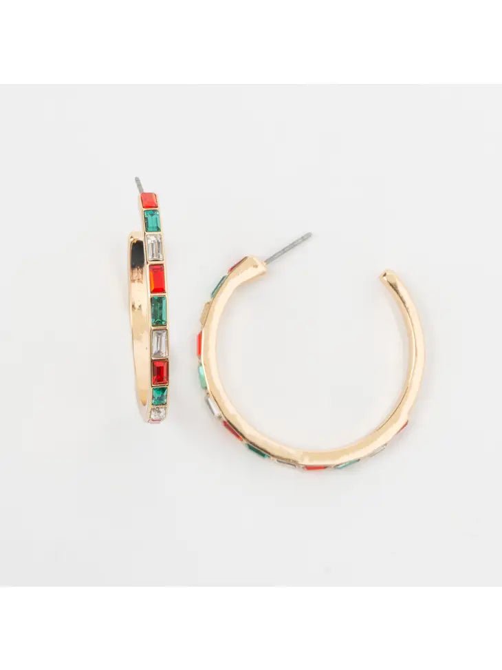 Holiday C - Hoop Christmas Baguette Rhinestone Hoop Earrings - The Country Rabbit Gifts & Décor