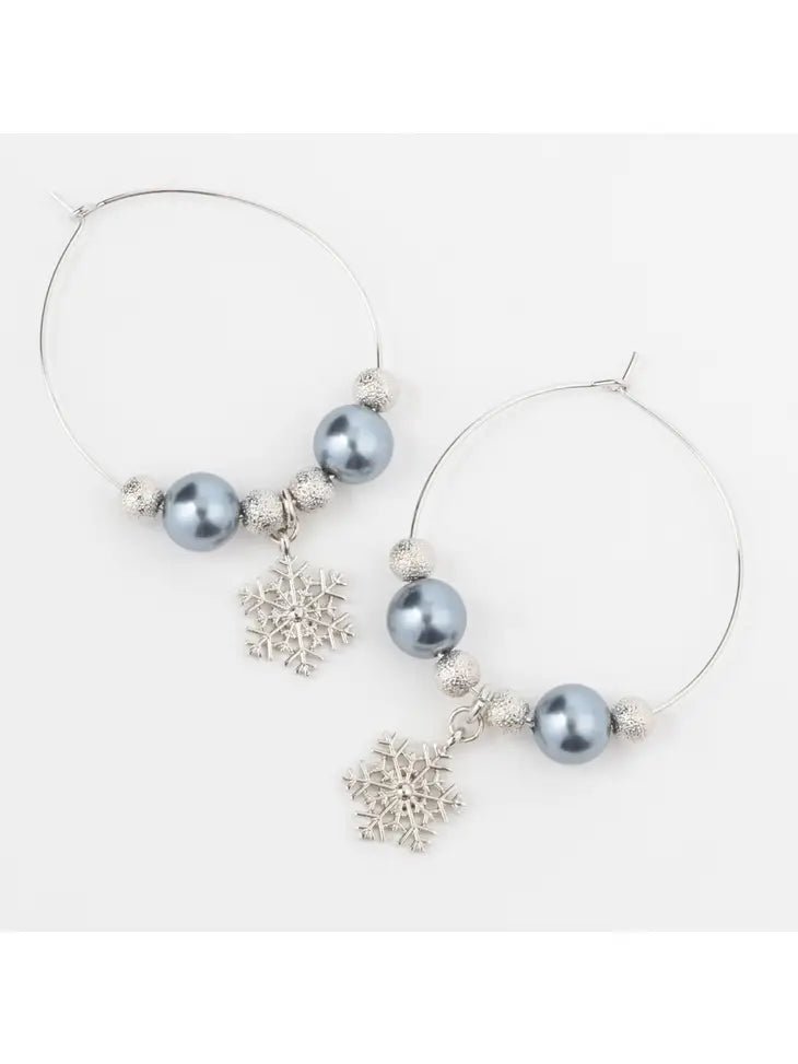 Holiday Silver Christmas Snowflake Charm Bead Hoop Earrings - The Country Rabbit Gifts & Décor