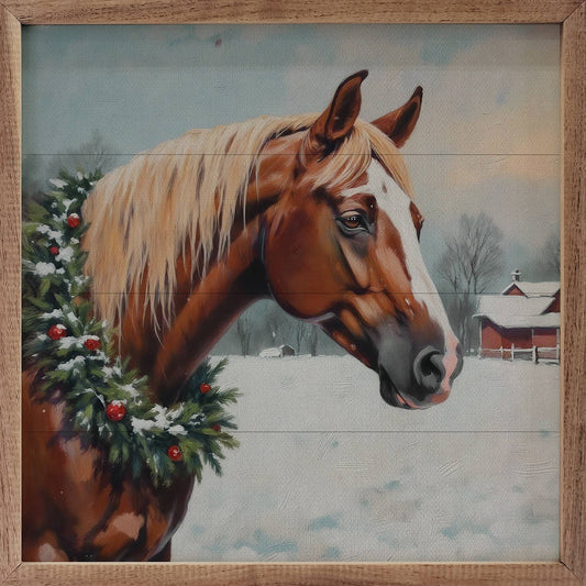 Horse With Wreath 4x4 inch Framed Wooden Holiday Accent - The Country Rabbit Gifts & Décor
