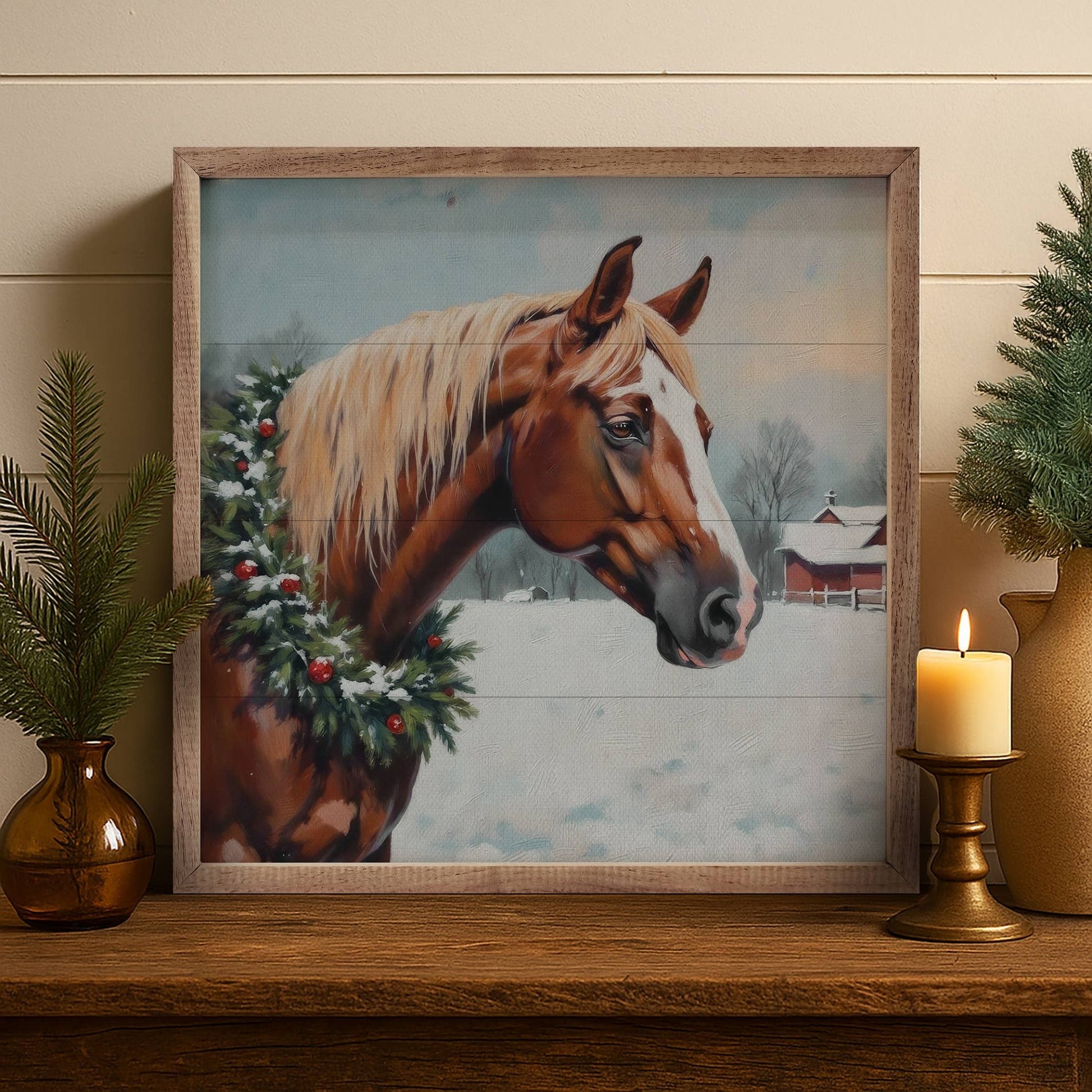 Horse With Wreath 4x4 inch Framed Wooden Holiday Accent - The Country Rabbit Gifts & Décor