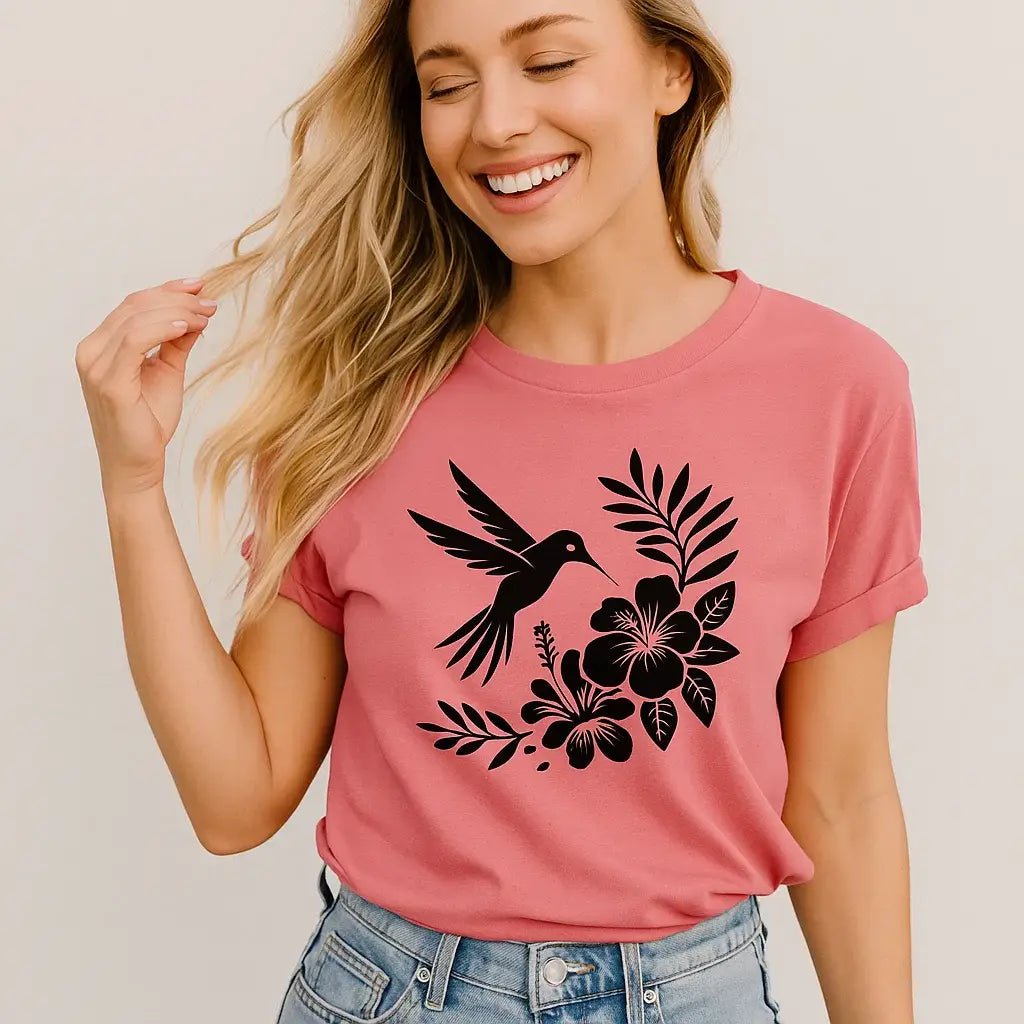 Hummingbird/Floral T-shirt in Light Coral - The Country Rabbit Gifts & Décor