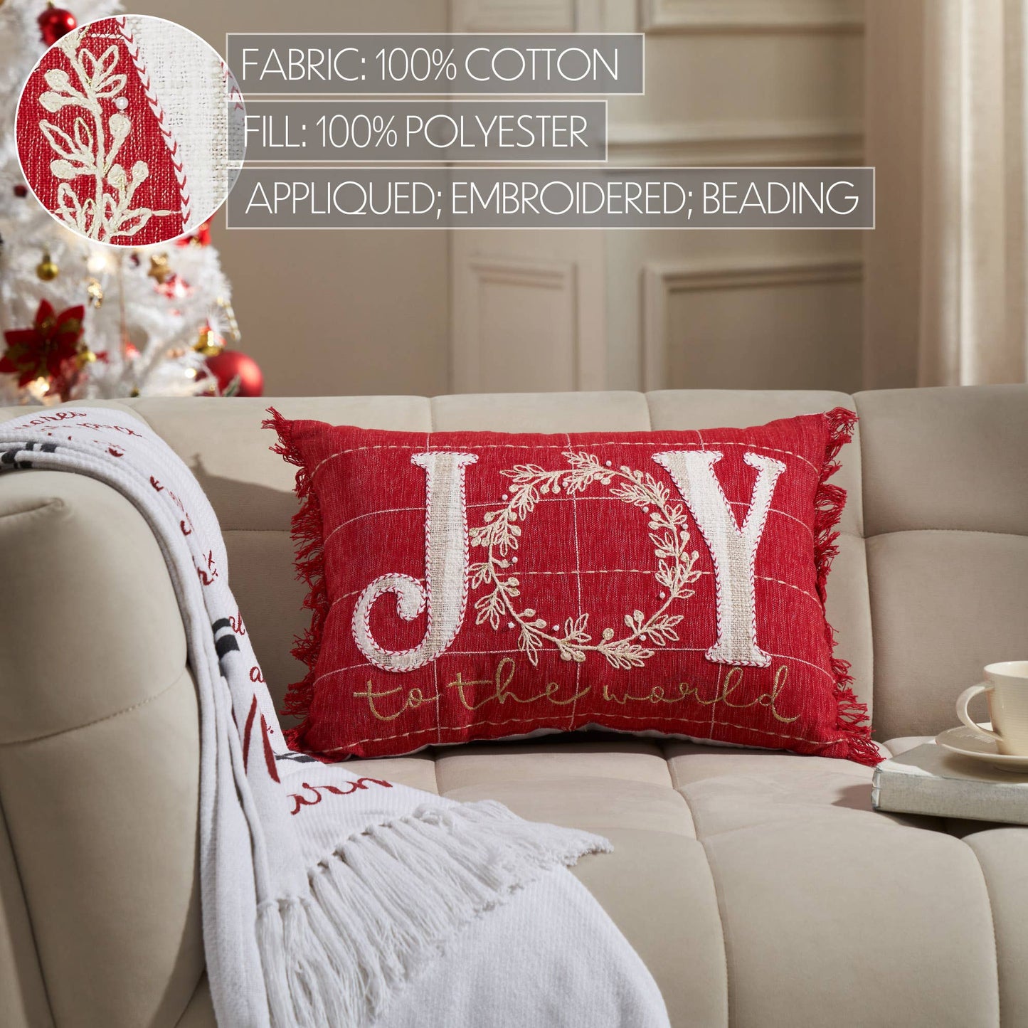Joy to the World Fringed Pillow 14"x20" - The Country Rabbit Gifts & Décor