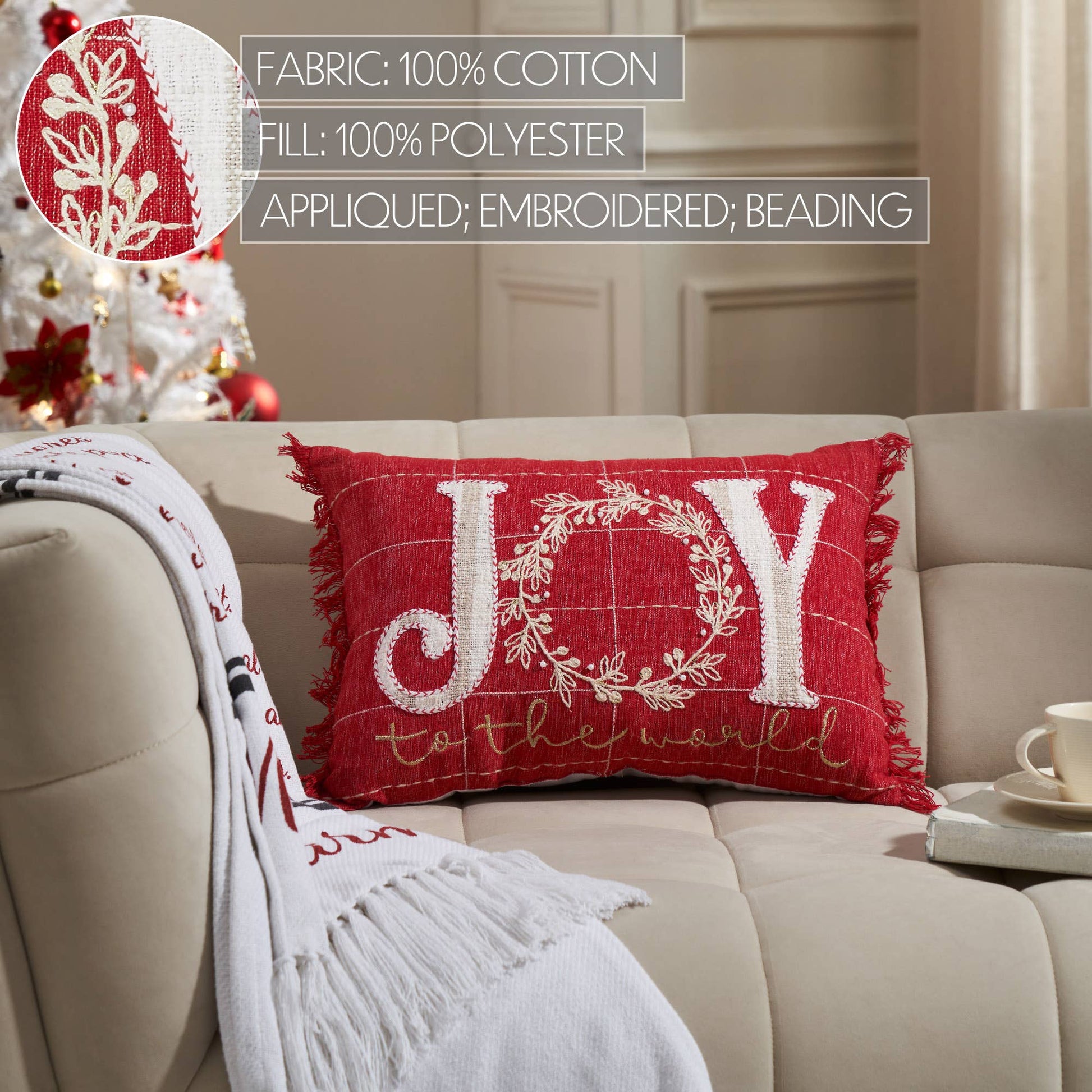 Joy to the World Fringed Pillow 14"x20" - The Country Rabbit Gifts & Décor