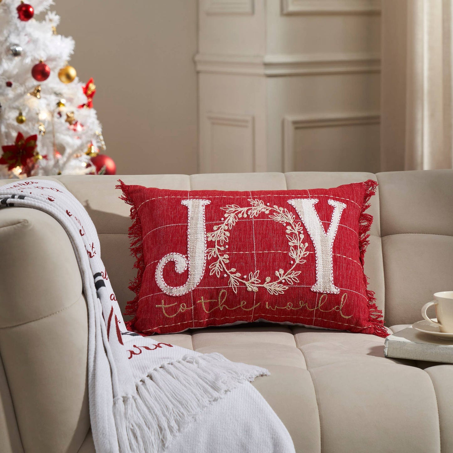 Joy to the World Fringed Pillow 14"x20" - The Country Rabbit Gifts & Décor