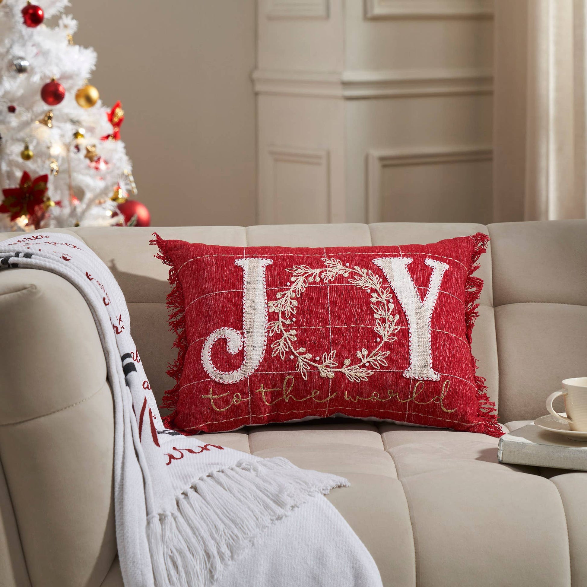 Joy to the World Fringed Pillow 14"x20" - The Country Rabbit Gifts & Décor