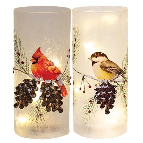 LED Frosted Winter Bird Glass Pillar - The Country Rabbit Gifts & Décor