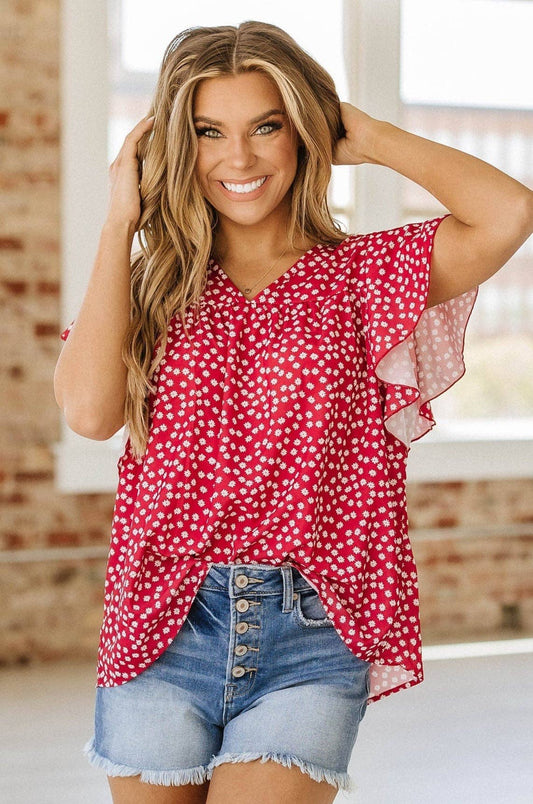 Leilani Ruffle Sleeve Blouse Red with White Dots - The Country Rabbit Gifts & Décor