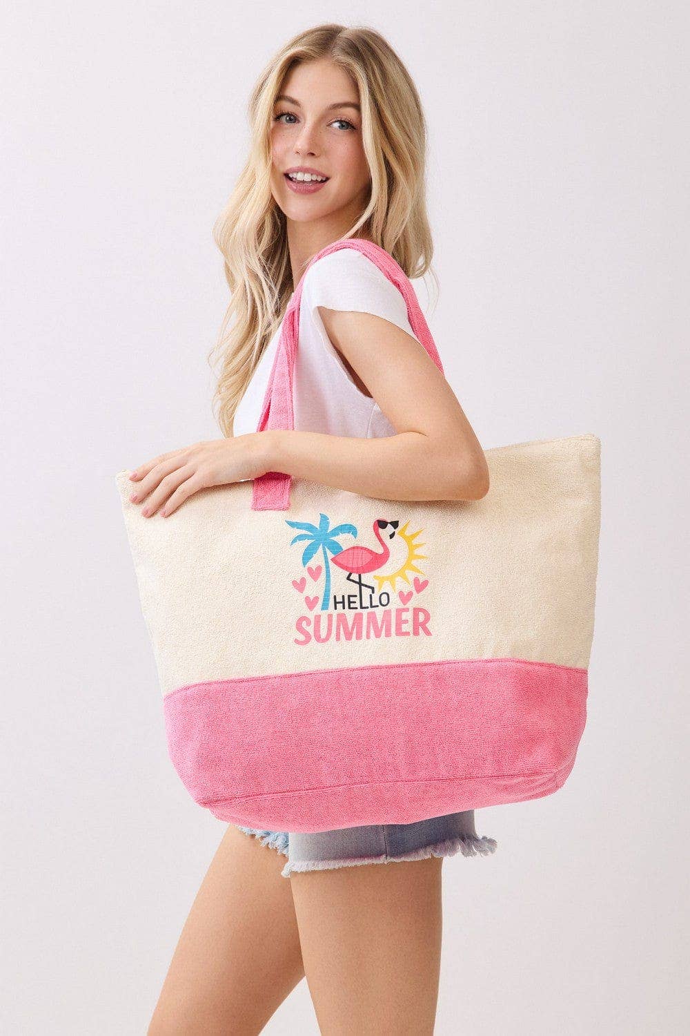 MB0344 Hello Summer Flamingo Terry Beach Tote Bag - The Country Rabbit Gifts & Décor