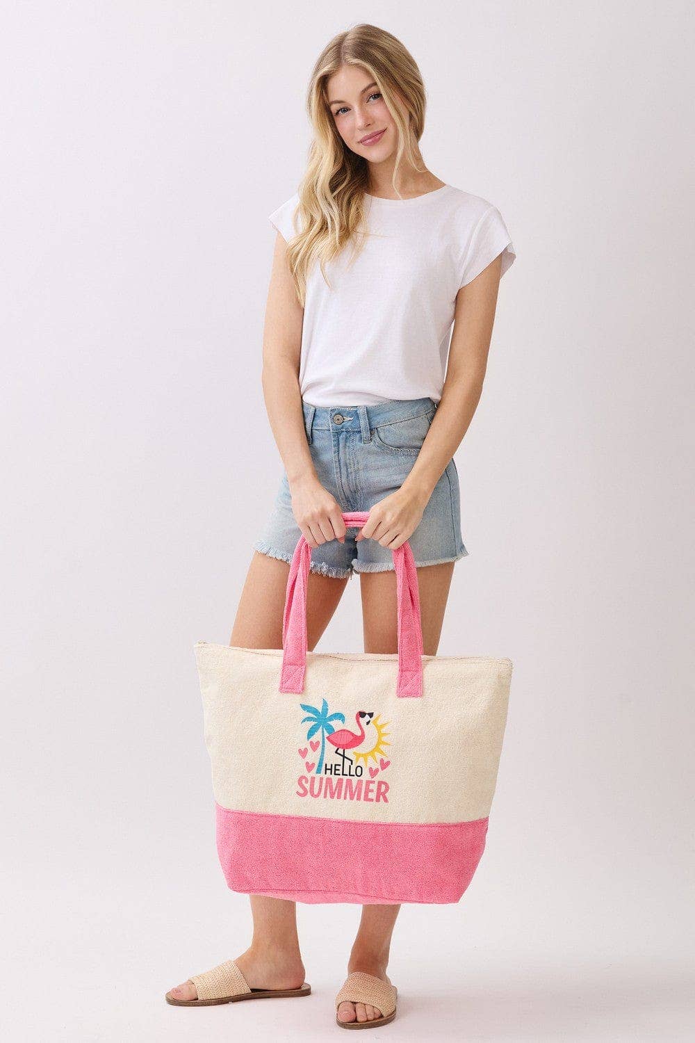 MB0344 Hello Summer Flamingo Terry Beach Tote Bag - The Country Rabbit Gifts & Décor